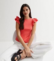 New Look Coral Ribbed Crew Neck Short Frill Sleeve Top